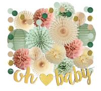 Sage Green and Pink Baby Shower Decorations Baby Girls Shower Decorations Sage Green Dusty Pink Paper Pom Poms Paper Fans Oh Baby Banner for Baby Boys Girls Neutral Baby Shower Party Decor Supplies