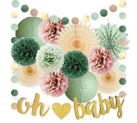 Sage Green and Pink Baby Shower Decorations Oh Baby Baby Shower Decorations Girl Pink Green Dusty Rose Pom Poms Paper Fans Lanterns Neutral with Oh Baby Banner Gold