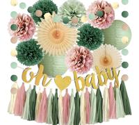 Sage Green and Pink Baby Shower Decorations Oh Baby Sage Green Dusty Pink Baby Shower Decorations for Girl Boho Dusty Rose Poms Beige Paper Fans Lanterns with Olive Cream Tassel Garland