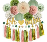 Sage Green and Pink Baby Shower Decorations Olive Green Pink Gold Baby Girls Shower Party Decor Oh Baby Banner Paper Pom Poms Paper Tassel Garland for Gender Reveal Decorations