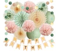 Sage Green and Pink Birthday Decorations Blush Pale Pink Birthday Decorations Boho Sage Green and Dusty Rose Party Tissue Paper Poms Cream Beige Fans with Banner Beige Gold for Women Girls