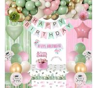 Sage Green and Pink Birthday Decorations, Green Pink Party Decorations Set Happy Birthday Banner, Latex Balloons, Fringe Curtain, Tablecloth, Sash, Tiara Crown, Pom Poms for Women Girls Party Supplies
