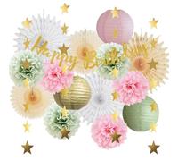 Sage Green and Pink Birthday Decorations Pink Paper Lanterns Pom Poms White Paper Fans Party Sage Green Birthday Decorations for Girls Women with Happy Birthday Banner Gold Star Garland