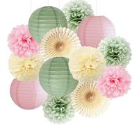 Sage Green and Pink Party Decoration Sage Pink Cream Tissue Paper Pom Poms Hanging Paper Lanterns Sage Green Party Decorations for Wedding Engagement Baby Shower Bridal Shower Girl Birthday