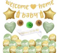 Sage Green Baby Shower Decorations - 47 Pieces Gender Neutral Party Balloons Welcome Home Baby Banner White Mommy To Be Sash Olive Green Heart Golden Star Foil Balloon for Gender Reveal Party Supplies