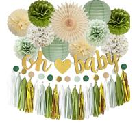 Sage Green Baby Shower Decorations for Boys Girls Oh Baby Banner Sage Green Paper Pom Poms Paper Tassels Garland Circle Dots Garland for Neutral Baby Shower Party Decor