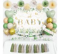 Sage Green Baby Shower Decorations, Oh Baby Neutral Gender Reveal Party Decor Kit With Backdrop, Balloons, Pom Poms, Tassels Garland, Mom To Be Sash & Circle Dots Garland For Baby Girls Boys