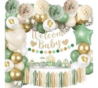 Sage Green Baby Shower Decorations, Welcome Baby Banner Olive Green Gold White Sand Confetti Latex Foil Balloons with Oh Baby Cake Topper Pom Poms Tassels for Boho Neutral Gender Reveal Party Supplies