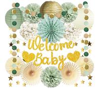 Sage Green Baby Shower Decorations Welcome Baby Banner Tissue Pom Poms Hanging Paper Fans Paper Lanterns Gold Circle Dots Star Garland Boy Girl Neutral Gender Reveal Party Supplies