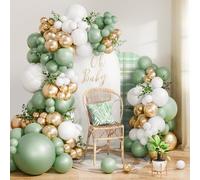 Sage Green Balloon Arch Kit, 115 Olive Green and Gold Balloon Garland kit with White Balloons Gold Confetti, Sage Balloons for Happy Birthday Decorations for Boys Girls Baby Shower Party Decorations