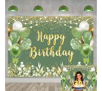 Sage Green Birthday Backdrop Green Gold Glitter Balloon Greenery Eucalyptus Leaves Pohtography Background Women Girls Birthday Party Baby Shower Decorations Background