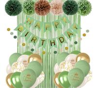 Sage Green Birthday Decoration For Women Girls- Happy Birthday Banner,12 Inch Sage Sand Gold Balloons,Circle Dots Garland,Tissue Paper Pom Poms,Fringe Curtain For BD Decorations