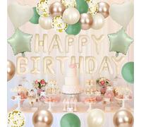 Sage Green Birthday Decorations, Happy Birthday Banner Beige Gold balloons, Heart Star Foil Clear White Polka Dot balloons for Women Girls Boys Men Adults birthday Party Decor