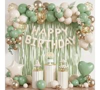 Sage Green Birthday Decorations-Happy Birthday Decorations With Beige Gold Sage Green Balloons,Star Heart Foil Balloon,Banner Balloon,Cake Topper And Foil Curtain For 18th 21st Women Girls Men Boys