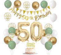 Sage Green Birthday Decorations Kit - Elegant Gold & White Party Supplies Set with Banners, Helium Balloons, Cake Topper & Bunting Flags | Gender-Neutral Birthday Decor (Green 50th)