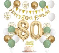 Sage Green Birthday Decorations Kit - Elegant Gold & White Party Supplies Set with Banners, Helium Balloons, Cake Topper & Bunting Flags | Gender-Neutral Birthday Decor (Green 80th)