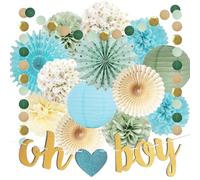 Sage Green Blue Baby Shower Decorations for Boy Oh Boy Banner Tissue Paper Pom Poms Flowers Paper Fans Circle Dot Garland Neutral Party Supplies Baby Boy Gender Reveal Birthday Party Decorations
