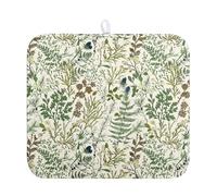Sage Green Botanical Floral Dish Drying Mat for Kitchen Counter Vintage Herbs Fern Leaves Plant Drying Mats Absorbent Microfiber Dishes Drainer Mats Washable Dish Draining Pad Medium 16"x18"