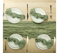 Sage Green Cheesecloth Table Runner and Napkins Set, Boho Gauze Cheesecloth 13 Ft Runner with 12 Napkins, Rustic Wrinkled Table Decor for Wedding, Birthday, Dinner Parties