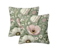 Sage Green Cushion Covers 45 x 45 cm Set of 2 Outdoor Cushions Poppy, Waterproof Linen Square Pillow Covers with Stitched Edge, Outdoor Throw Pillow Decorative for Home Garden Furniture Patio S-902