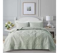 Sage Green Damask Quilt Queen Size Bedding Sets with 2 Pillow Shams, Boho Bedspread Lightweight Soft Farmhouse Vintage Bohemian Coverlet Retro Jacquard Pattern Bed Cover for All Season, 3 Pieces