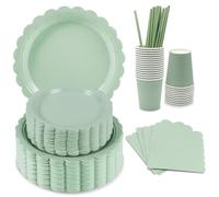 Sage Green Disposable Tableware Set for 15 Guests - Compostable Paper Plates, Cups, Napkins - Eco-Friendly Party Pack for Baby Shower, Picnic, Wedding, Travel