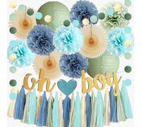Sage Green Dusty Blue Baby Shower Decorations Oh Boy Baby Shower Decorations Green and Blue Paper Poms Fans Lanterns Beige Cream Tassel Garland Kit with Oh Boy Banner Gold