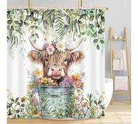 Sage Green Eucalyptus Highland Cow Shower Curtain, Watercolor Plant Leaves Teal Floral Farmhouse Bath Curtain, Funny Animals Bathroom Accessories Botanical for Bathroom Curtain Set with Hooks, 48X70in