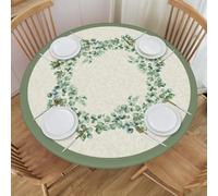 Sage Green Eucalyptus Leaf Round Tablecloth Spring Summer Watercolor Leaves Table Cover with Elastic Edge Washable Fitted Table Cloth for Kitchen Patry Outdoor Decor Fits 40"-44", Small