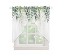 Sage Green Eucalyptus Leaf Swag Valances for Windows Summer Leaves Floral Watercolor Semi Sheer Valance Curtains Voile Swags Topper Curtain for Kitchen Living Room Bedroom, 2 Panels, 36x63 Inch