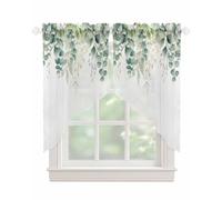 Sage Green Eucalyptus Leaf Swag Valances for Windows Summer Leaves Floral Watercolor Semi Sheer Valance Curtains Voile Swags Topper Curtain for Kitchen Living Room Bedroom, 2 Panels, 28x36 Inch