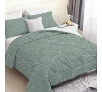 Sage Green Eucalyptus Leaves Double Duvet, Reversible Coverless White Plants Duvet Double, Anti Allergy Bed Quilt Double 7.5 Tog for All Seasons - 1 Soft Comforter Bedding with 2 Pillowcases