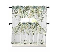 Sage Green Eucalyptus Leaves Swag Curtains Valance and Tier Set, Herb Botanical Rod Pocket Curtain Drapes for Bedroom Bathroom Over Sink Kitchen Curtains 3 Piece Set Swag Valances and 36 inches Tiers