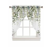 Sage Green Eucalyptus Swag Valance, Botanical Plants Rod Pocket Kitchen Valance, Spring Abstract Leaves Scalloped Swag Curtains for Living Room Bathroom Window, 1 Pair, 36" W x 36" L
