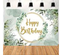 Sage Green Eucalyptus Wreath Happy Birthday Backdrop Gold Glitter Circle Watercolor Photography Background Neutral Boho Botanical Birthday Party Photo Booth Banner (B, 7X5FT)