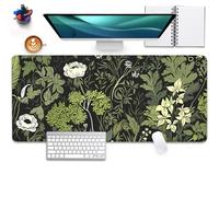 Sage Green Floral and Plant Desk Pad Mouse Pad,Large Gaming Mouse Mat with Stitched Edges,Non-Slip Waterproof Rubber Base Mous Mat for Office Computer Keyboard Laptop Home 35.4" x 15.7"