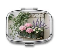Sage Green Floral Small Pill Box for Purse Travel Essentials Metal Pill Case 2 Compartments Compact Medicine Container Portable Daily Pill Organizer for Vitamins Fish Oils