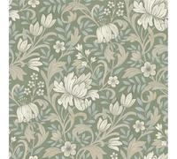 Sage Green Floral Wallpaper Light Blue Leafs Beige Flowers Smooth Matte Grandeco