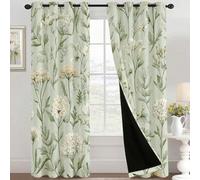 Sage Green Flower Curtains Blackout for Home Decor, Thermal Curtains Floral Botanical Pattern, Living Room & Bedroom Eyelet Drapes 90 Inch Drop, 46x90, 2 Panels E&2134