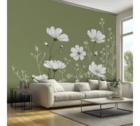Sage Green Flower Mural Wallpaper, Nature Wildflower Botanical Wallpaper for Bedroom, Living Room, TV Backdrop, Office, Hotel Wall Background Decoration Non-Woven Wall Paper 300 x 210 cm (WxH)