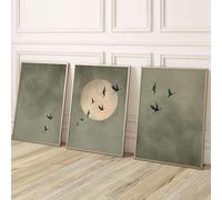 Sage Green Flying Birds Posters, Set of 3 Prints, Japandi Wall Art, Abstract Moon Painting, Large Living Room Bedroom Decor(40x60cmx3/Frameless)