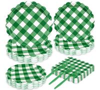 Sage Green Gingham Party Plates Set for 24 Guests, 96 Pcs Disposable Plaid Paper Dinner Plates, Napkins and Spoons, Rustic Green Checkered Tableware for Wedding, Baby & Bridal Shower, Picnic, Birthday