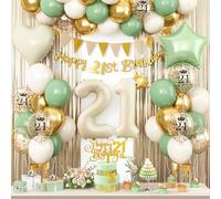 Sage Green Gold 21st Birthday Decorations,21 years old Balloons 21 Balloon Numbers 21st Birthday Banner Birthday Cake Topper Fringe Curtain for Boys Girls 21 Birthday Decorations
