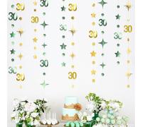 Sage Green Gold 30th Birthday Decorations Number 30 Circle Dot Twinkle Star Garland Streamer Banner Backdrop for Womens Cheers to 30 Years Old Dirty Thirty Happy 30th Anniversary Party Supplies