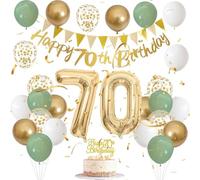Sage Green & Gold 70th Birthday Decorations Set - Complete Party Decorations Featuring Large Gold Foil Number Balloons, Happy Birthday Banner, Bunting Garland, Glittery Cake Topper, Assorted Balloons