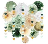 Sage Green Gold and White Party Decorations Paper Pom Poms Paper Fans Lanterns Sage Beige Gold Love Heart Garland for Women Girls Birthday Baby Shower Wedding Bridal Shower Party Decor