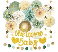 Sage Green Gold Baby Shower Decorations Welcome Baby Banner Cream Tissue Pom Poms Hanging Paper Fans Lanterns Circle Dots Star Garland for Boy Girl Neutral Gender Reveal Party Decor