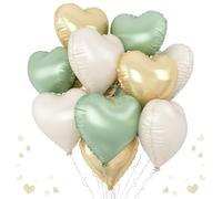 Sage Green Gold Heart Balloons, 12PCS Green Gold Heart Shaped Foil Balloons, 18Inch Green Cream White Heart Helium Foil Balloon for Jungle Woodland Birthday Wedding Baby Shower Party Decoraion