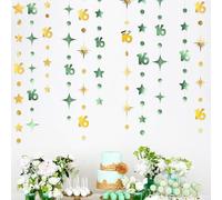 Sage Green Gold Number 16 Circle Dot Twinkle Star Garland Streamer Bunting Banner Backdrop Decorations for Girls Happy 16th Birthday Sweet Sixteen 16th Anniversary Cheers to 16 Years Party Decor