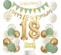 Sage Green Gold White 18th Birthday Banners, Balloons, Cake Topper, Sash, Bunting, Flags, Number Helium Balloons for Boys & Girls Party Decor